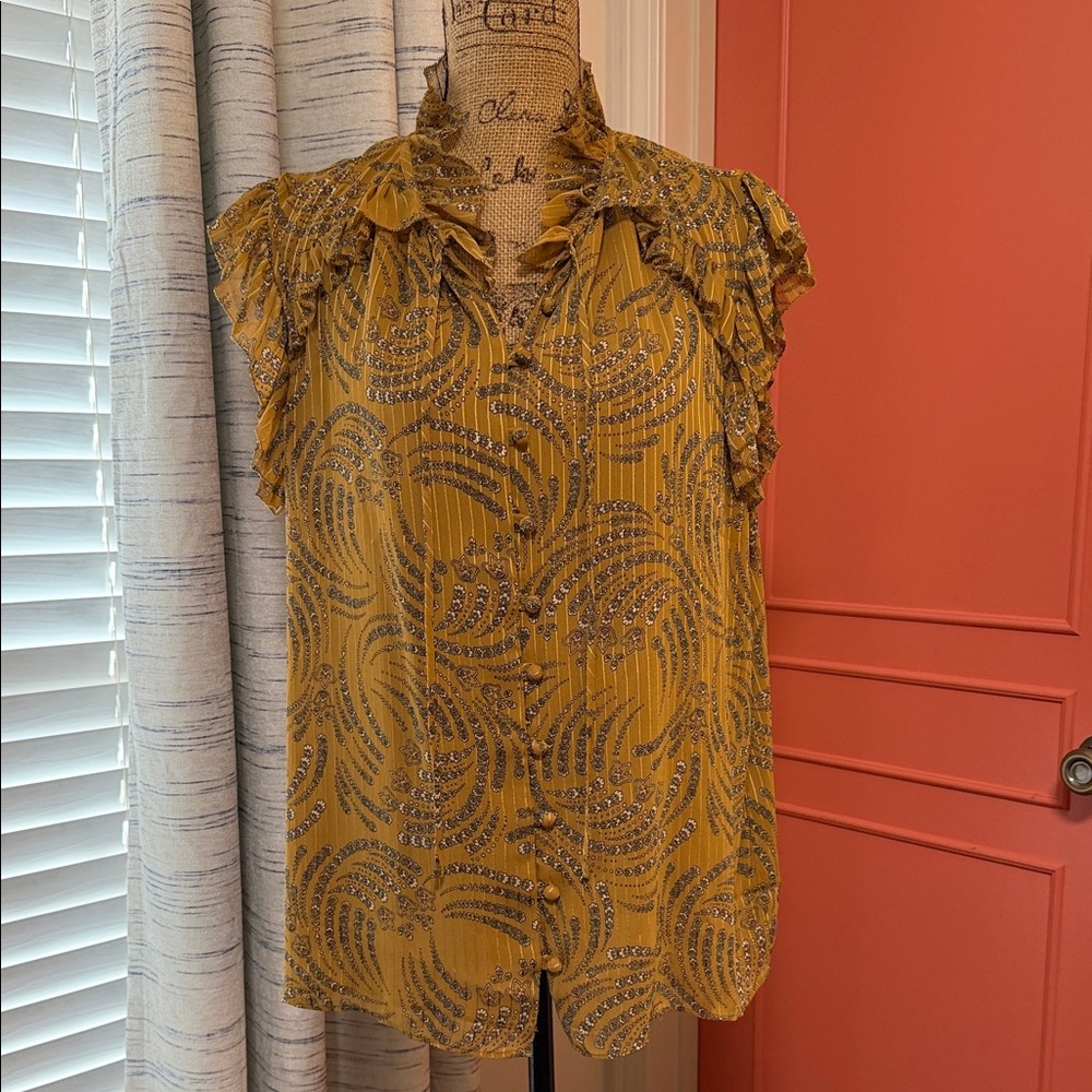 Ann Taylor Yellow Patterned Ruffle Blouse